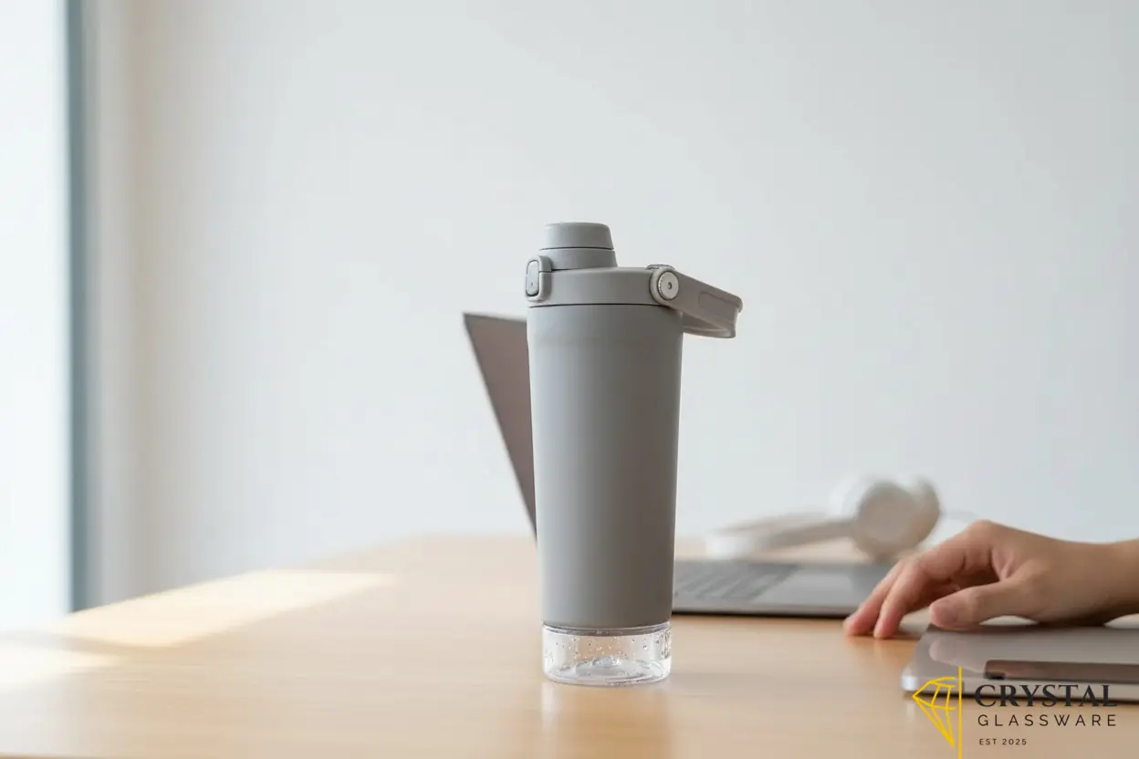Stainless steel protein shaker bottle with a powder storage compartment at the base
